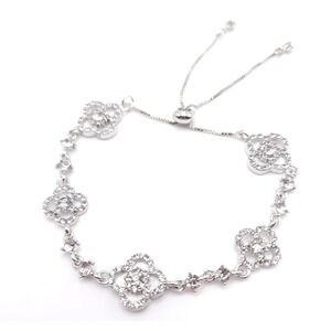 Rhodium Plated Zircon Clover Bracelet Womens Silver White Adjustable Jewelry